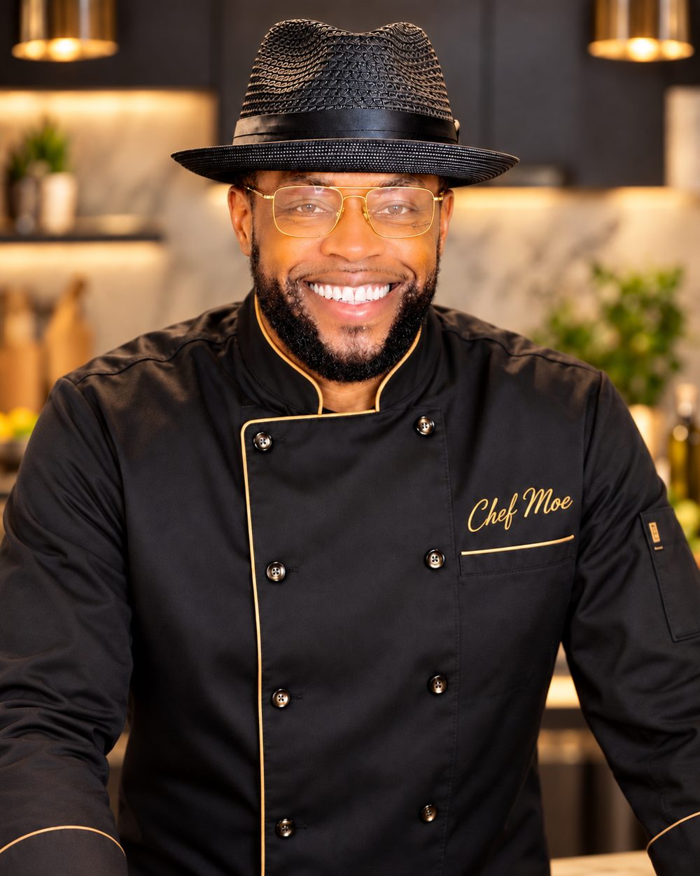 Chef Moe smiling in a black chef's coat with gold trim embroidered "Chef Moe," wearing a black fedora and gold-rimmed glasses, standing in a modern kitchen.