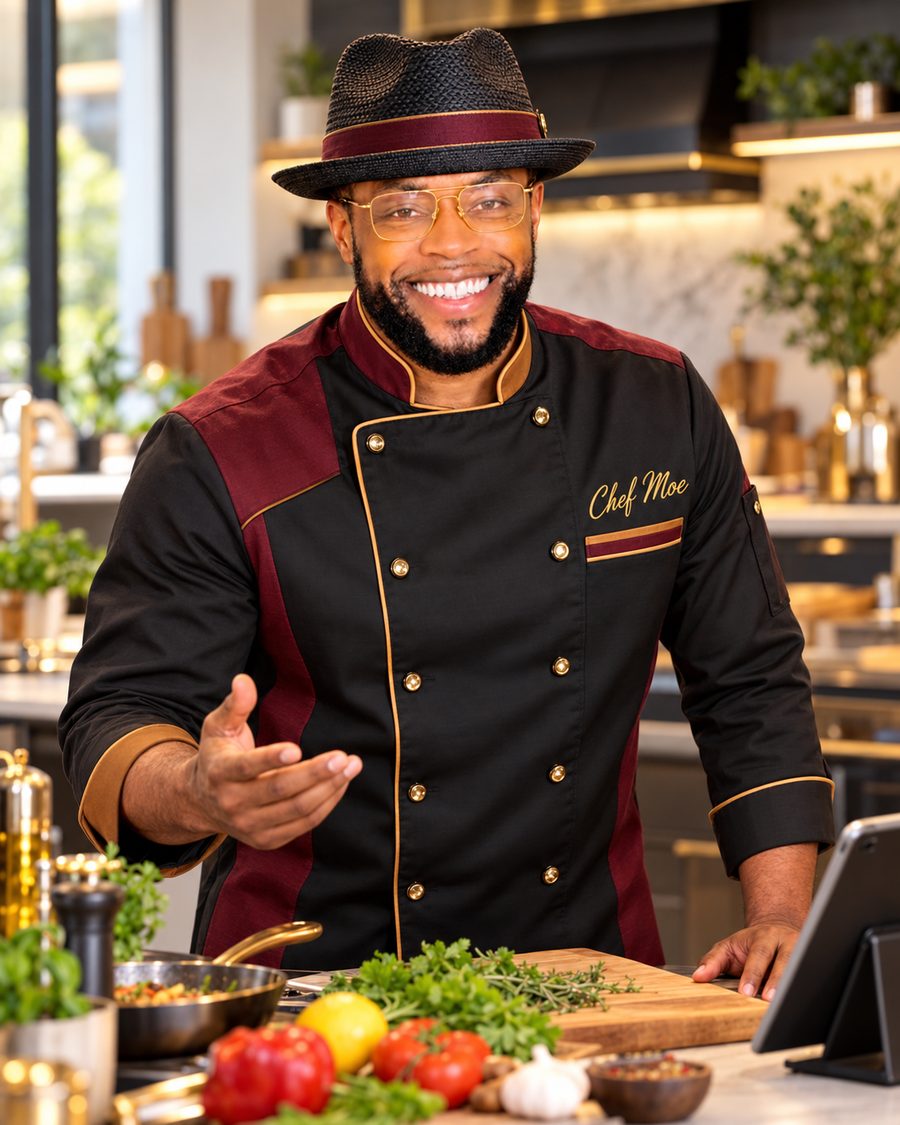 Chef Moe, in a black and burgundy chef's coat embroidered "Chef Moe," smiling and gesturing toward the camera as if mid-conversation, standing at a kitchen counter with fresh herbs, tomatoes, and a tablet.