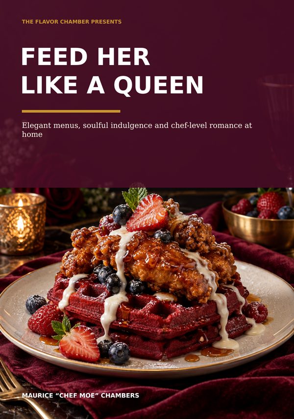 Feed Her Like a Queen cookbook cover — a burgundy cover featuring red velvet waffles topped with fried chicken, berries, and a drizzle, by Maurice "Chef Moe" Chambers.