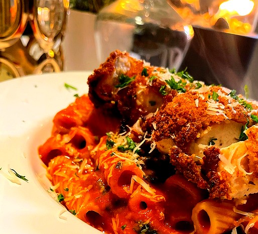 Chicken Rigatoni w/ Parmesan Tomato Cream Sauce, from The Gourmet Chamber Cookbook.