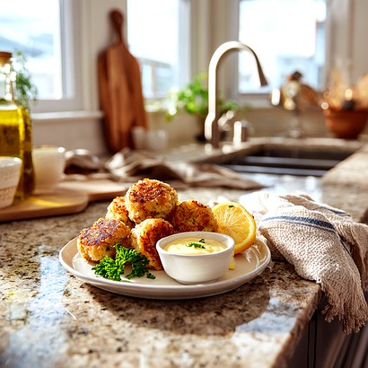 Mini Crab Cakes w/ Lemon Aioli, from The Gourmet Chamber Cookbook.