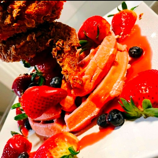 Red Velvet Chicken-N-Waffles, from The Gourmet Chamber Cookbook.